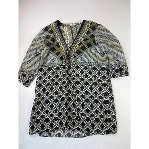 Gotta Chain Print Tunic Top Blouse V Neck 3/4 Sleeve Black White Gray‎